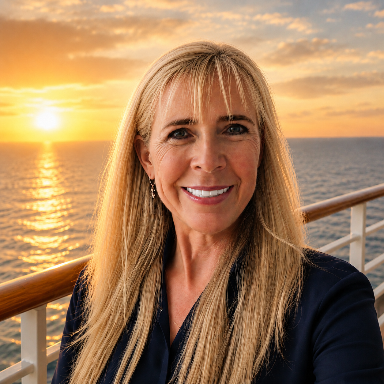 Chris Ann Dale, independent travel advisor, aboard a cruise ship at sunset