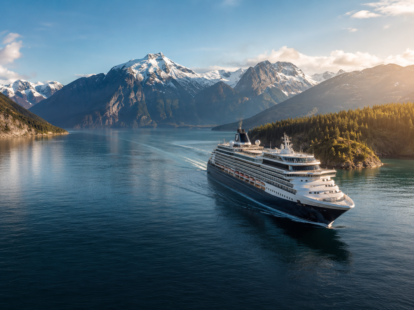 Ocean cruise ship sailing through scenic blue water and mountains