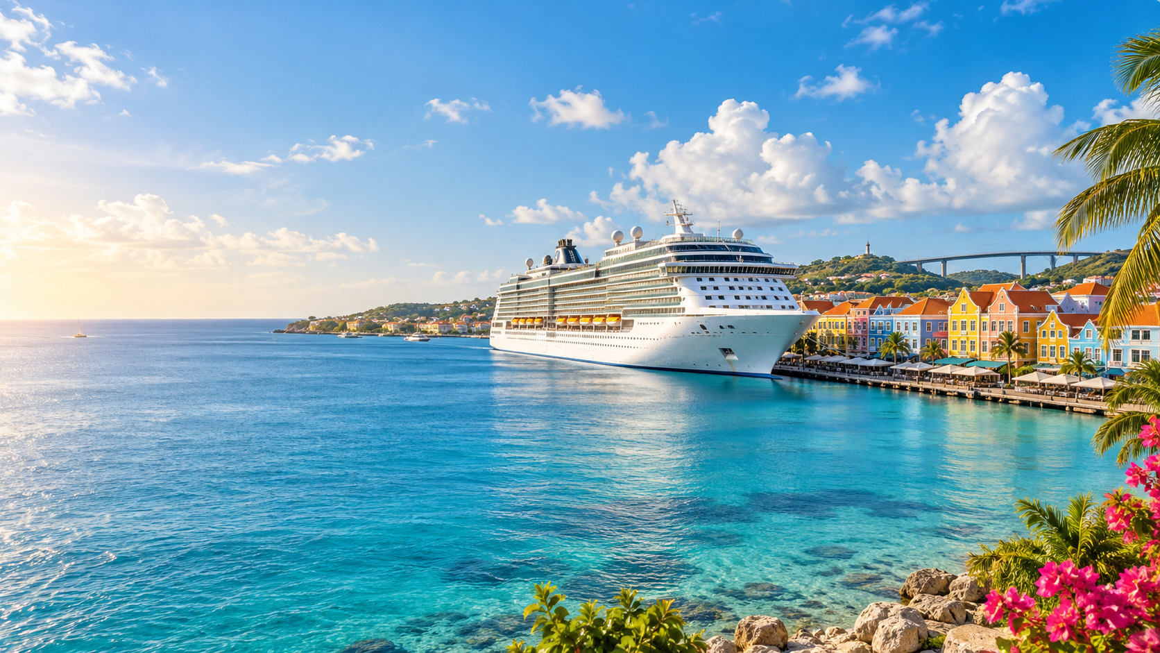Modern cruise ship in a colorful tropical Caribbean harbor