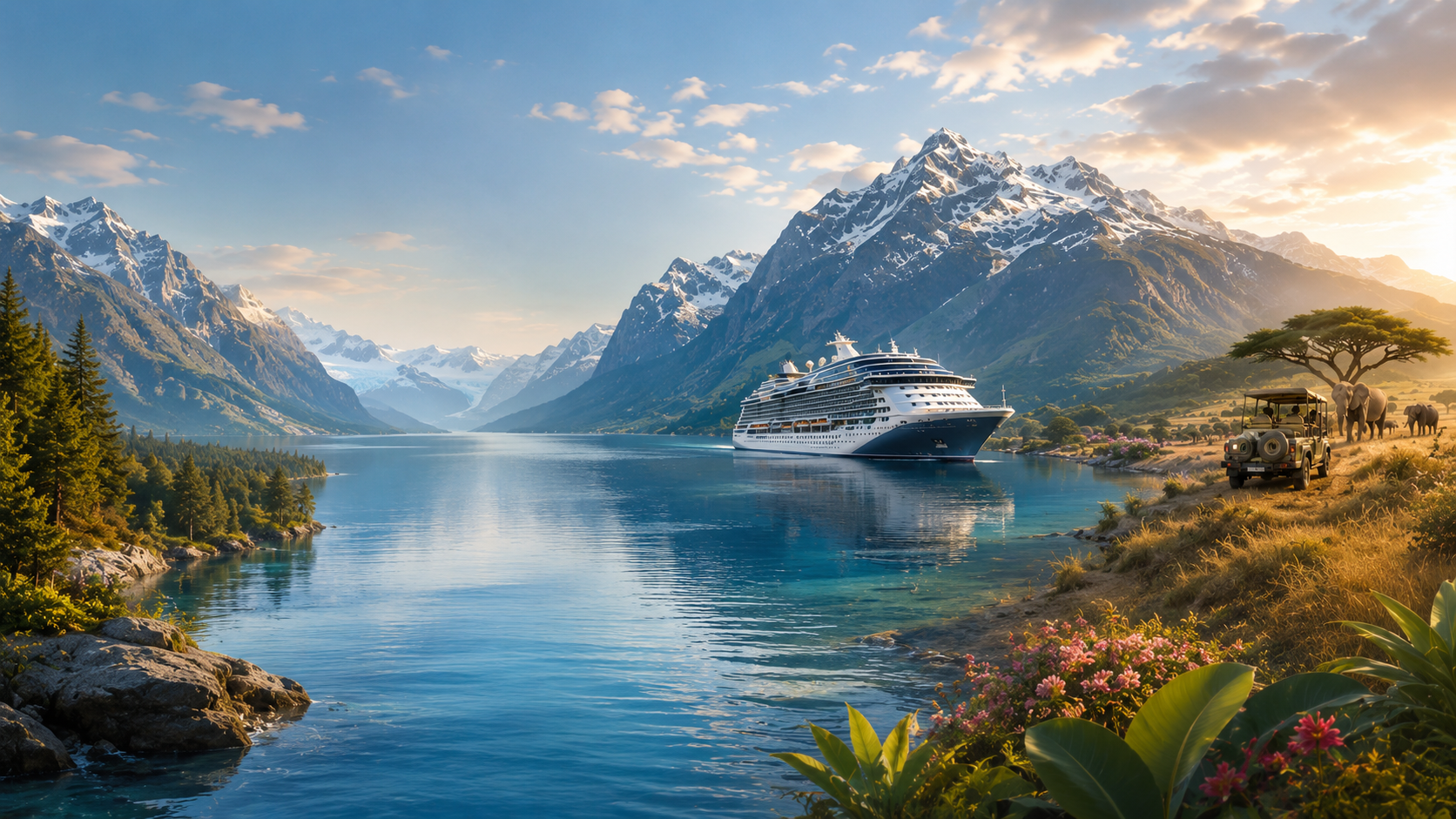 Scenic travel collage featuring Alaska-inspired mountains, ocean cruising, tropical water, and safari adventure elements